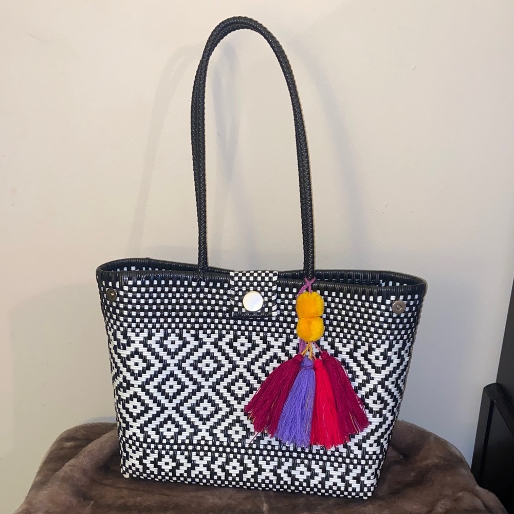 Black and White Patterned Tote Bag with Tassel